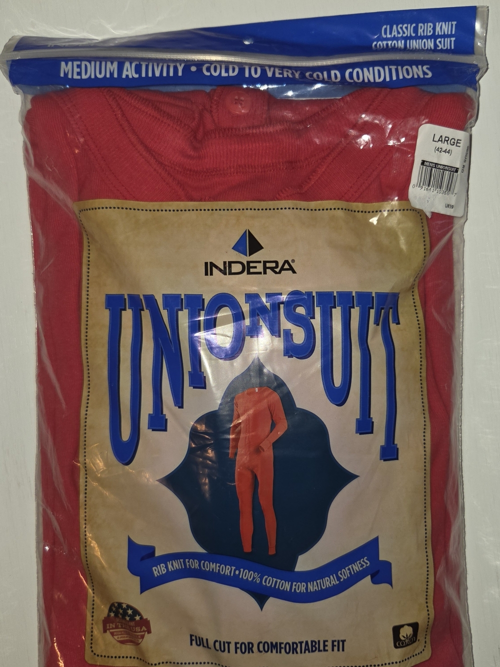 Indera 100% Cotton Rib Knit Unionsuit - Men's Thermal One-Piece Size Large